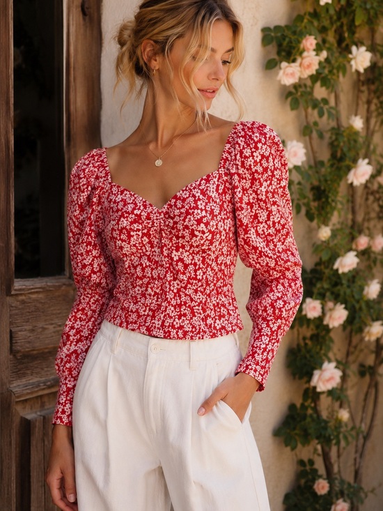 Anthropologie Tops - Anthropologie Red Floral Sweetheart Corset Crop Blouse XS Romantic Cottagecore